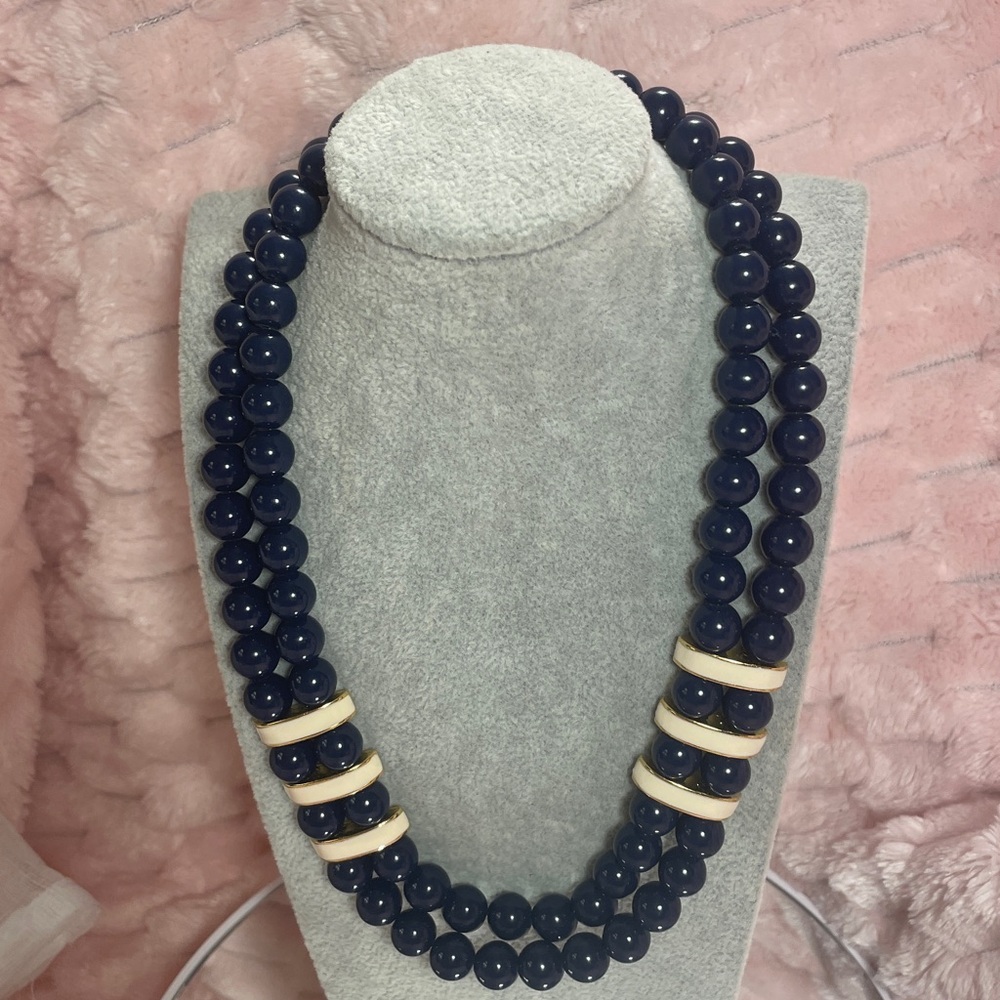NAPIER Signed Vintage
Blue & Gold Tone
Beaded Statement
Necklace 80s